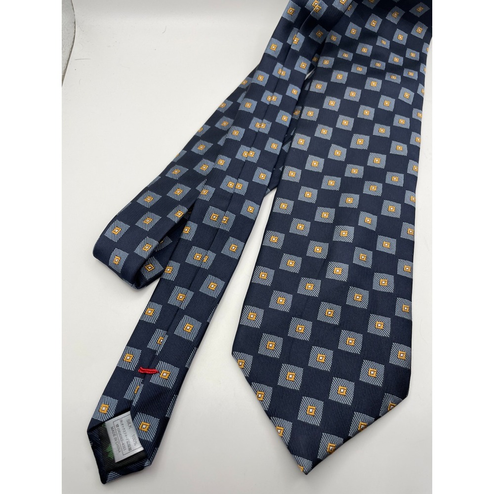 Gianni Valentino Mens Navy Blue Geometric Square Silk Necktie Shamrock Lining